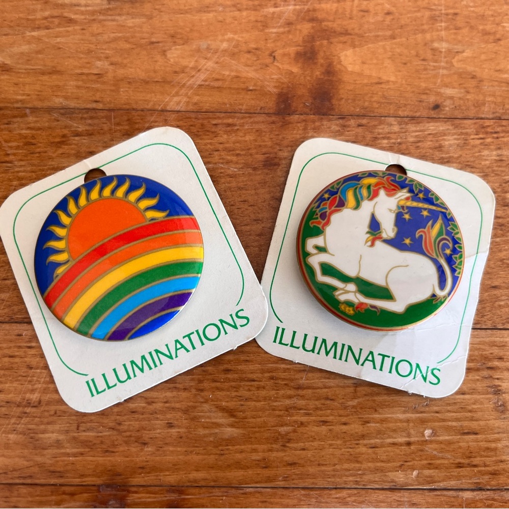 NOS 1980’s ILLUMINATIONS button LOT - unicorn & sun/rainbow: unused : MINT